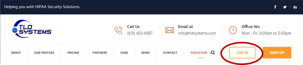 TLD Systems home page - Log In button is circled