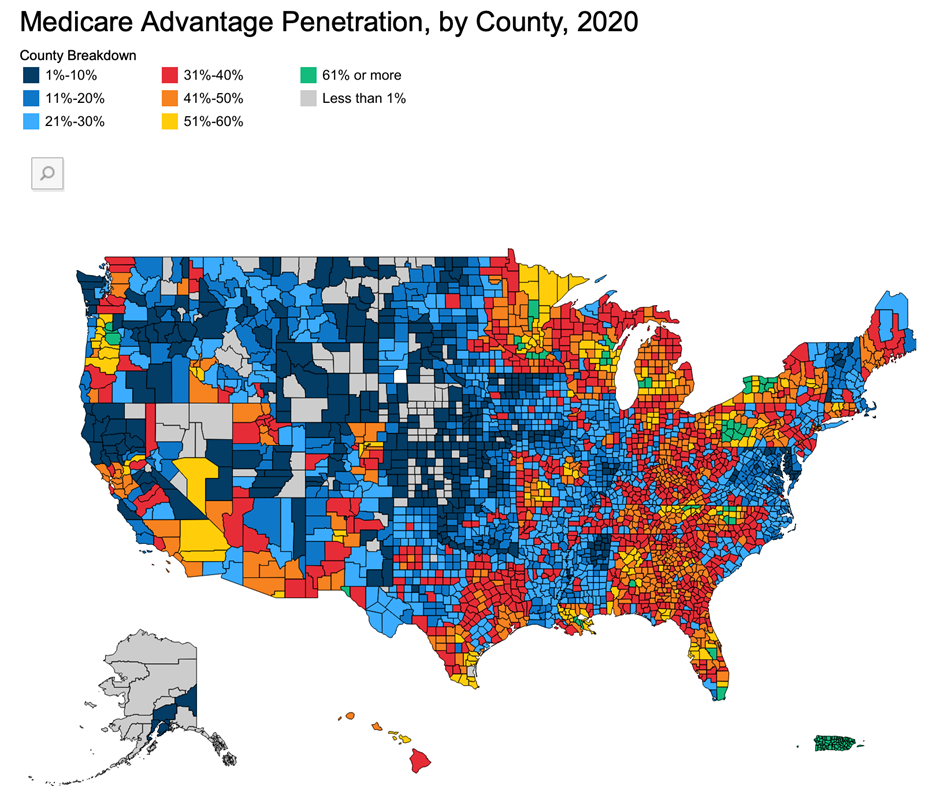 Medicare Advantage Penetration, by County, 2020 color graph